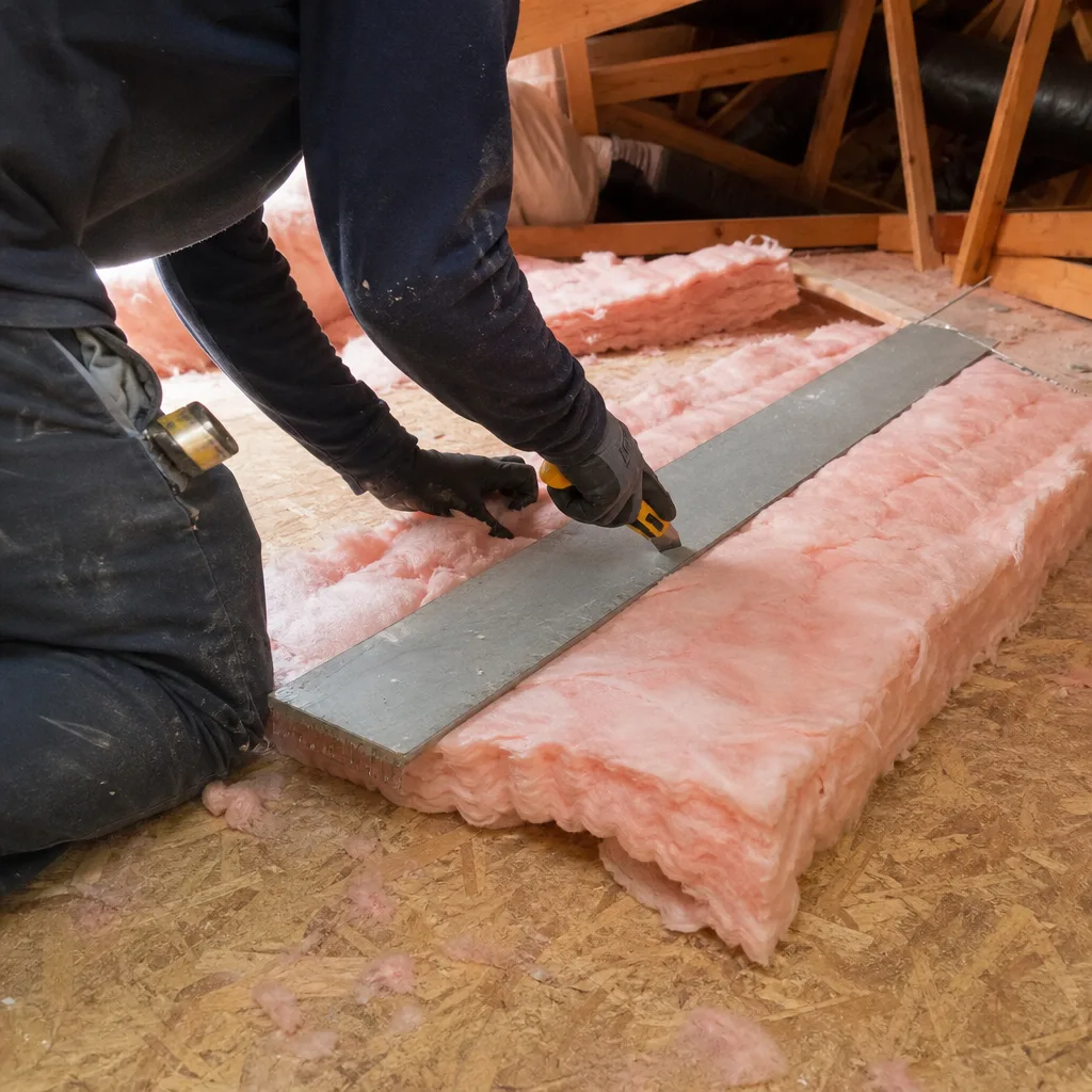 Professional contractor cutting fiberglass insulation batting in an attic space
