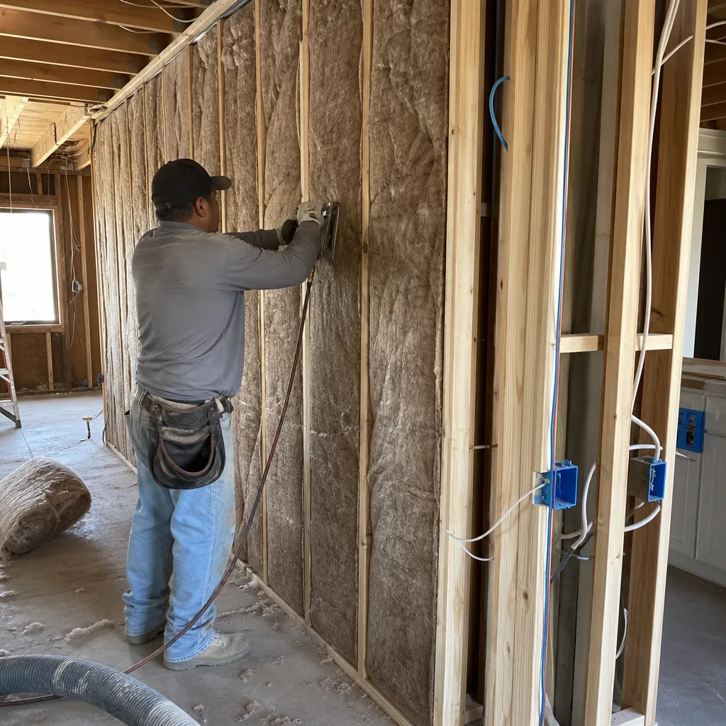 Professional contractor installing blown-in insulation in a wooden wall frame