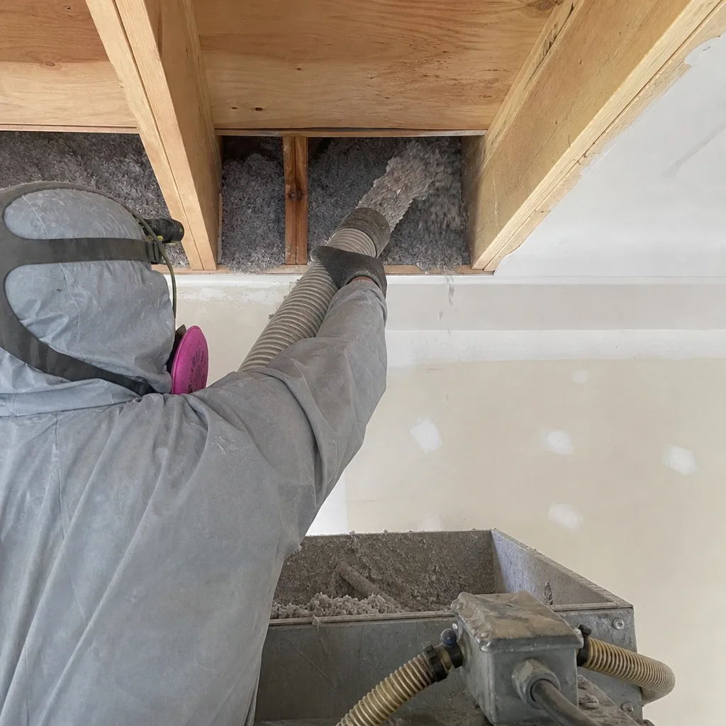 Professional contractor installing blown-in cellulose insulation into ceiling joists.