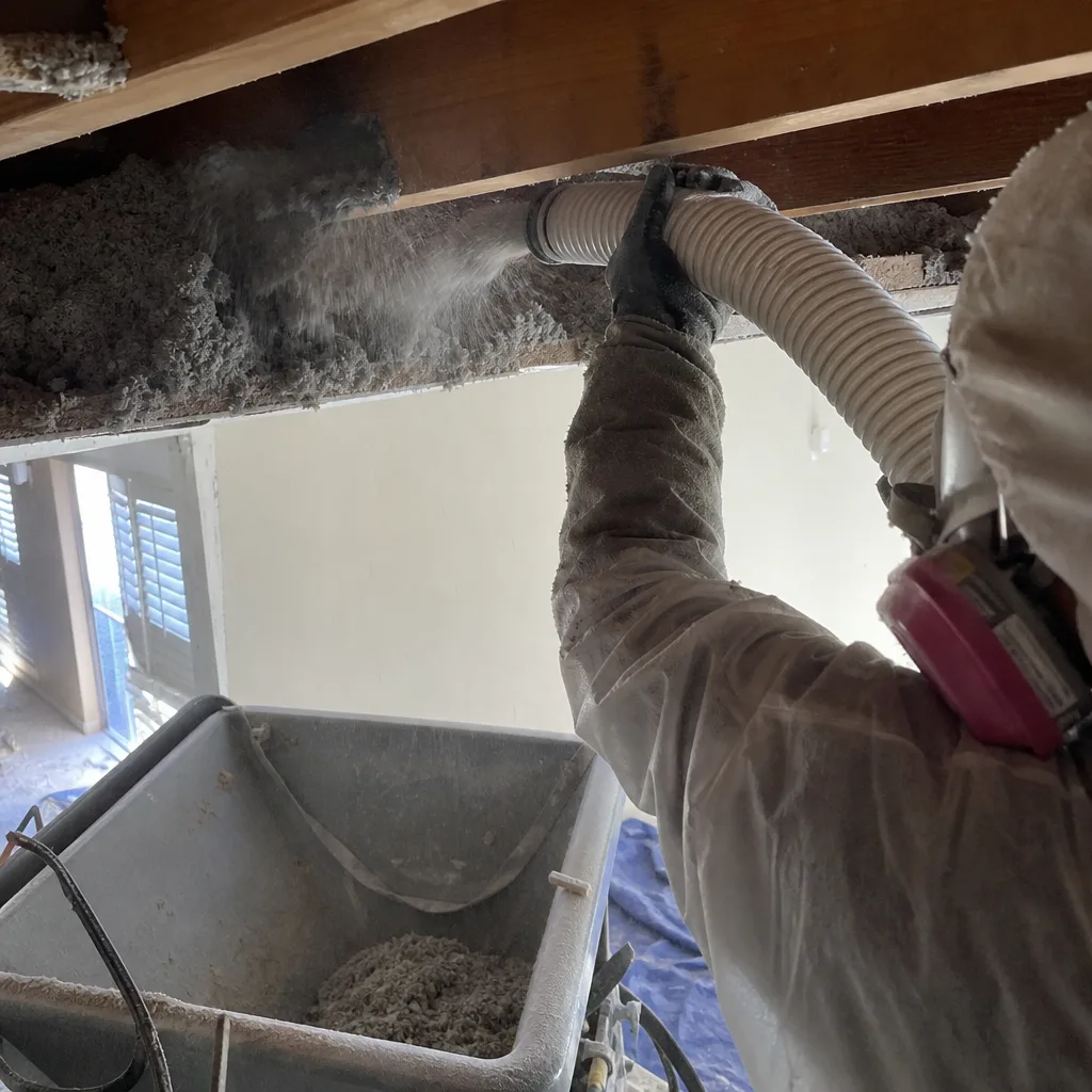 Professional performing attic insulation removal with industrial vacuum equipment