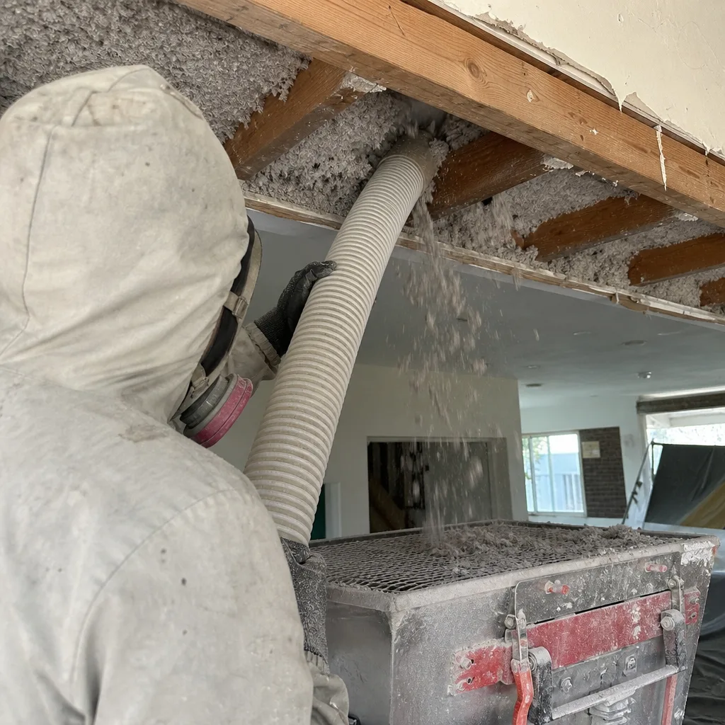 Professional performing industrial insulation removal with vacuum equipment