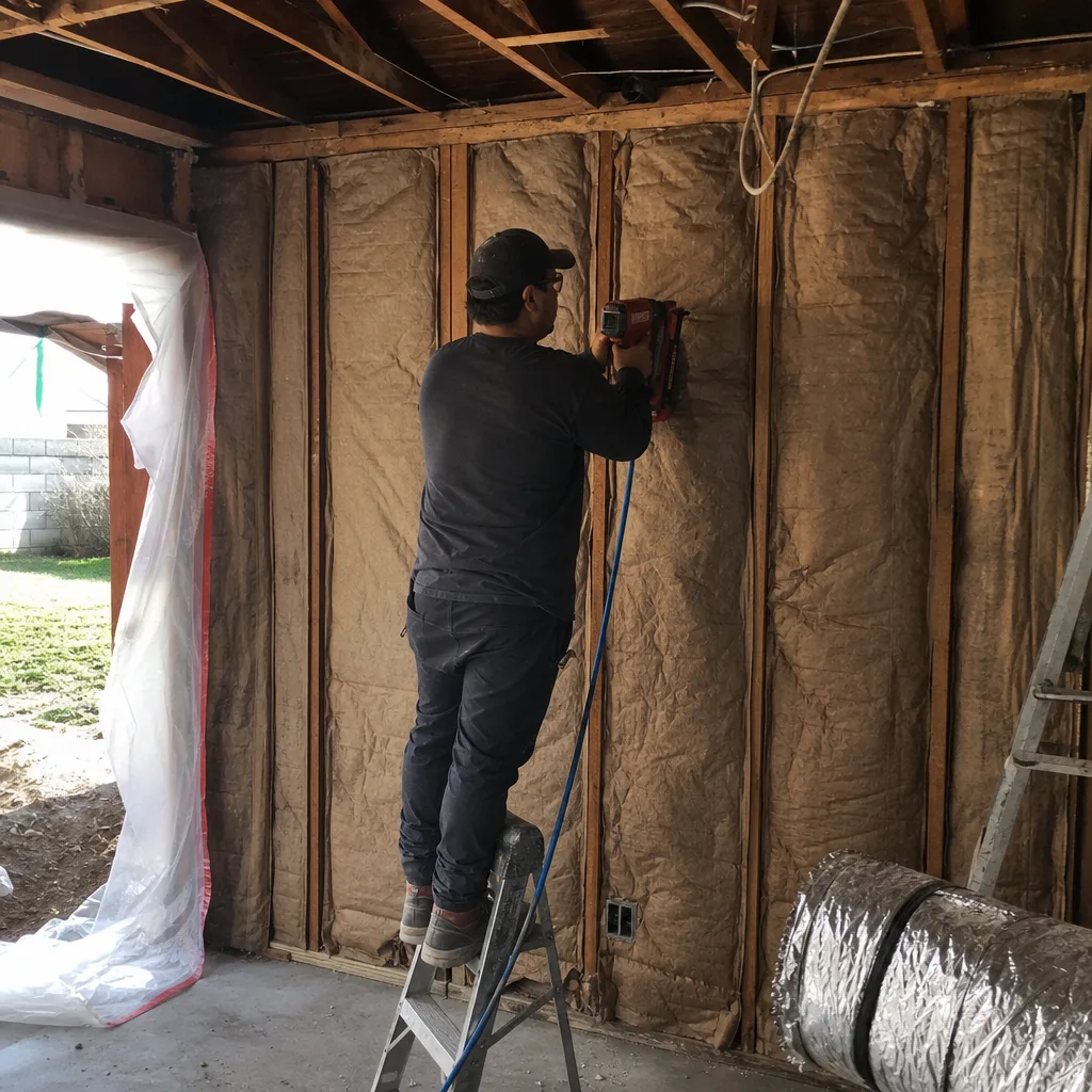 Professional contractor installing wall insulation with a pneumatic nail gun
